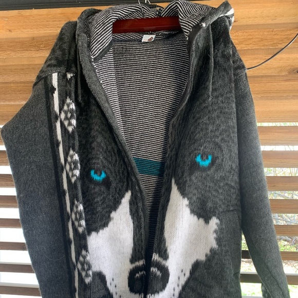 Handmade in Ecuador Wool Wolf Hooded Jacket Zip Coat 46 XL - Picture 8 of 11